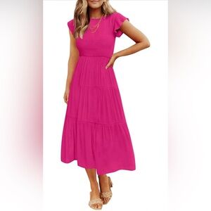 Smocked Bodice Midi Dress in Fuchsia Pink